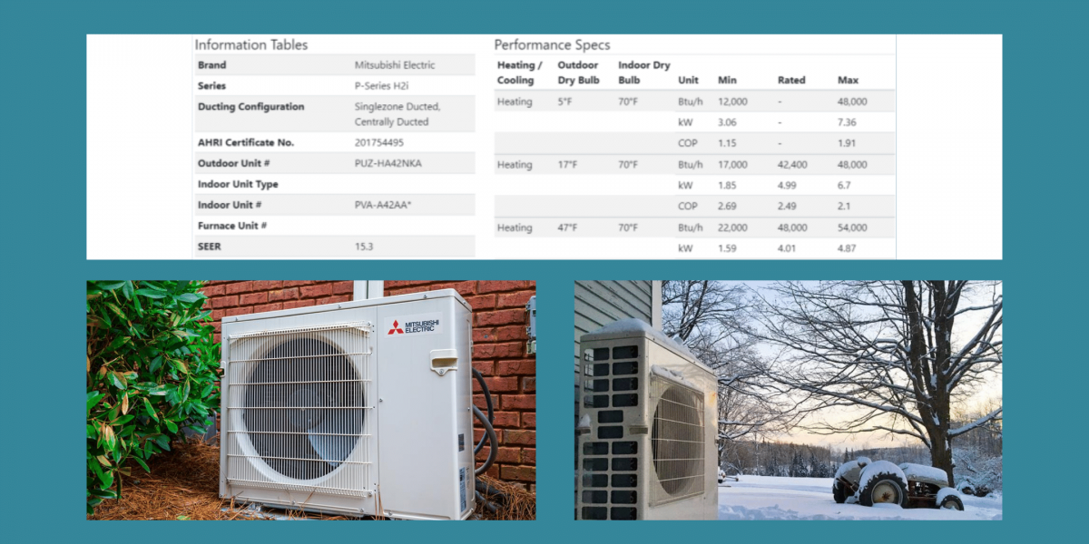 Table of heat pump information along with 2 images of heat pumps